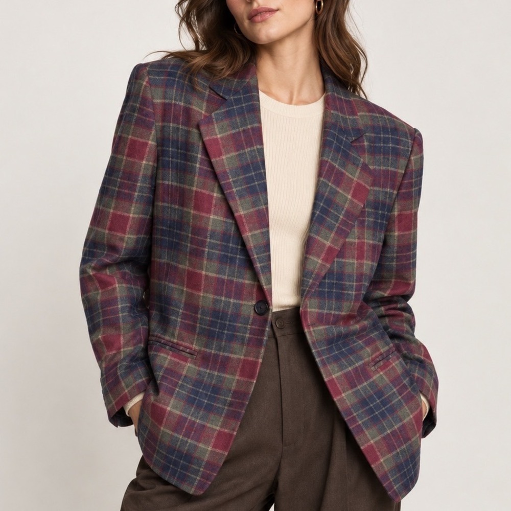 Vintage Oversized Plaid Wool Blazer Burgundy Navy 80s Luxury Preppy Heritage